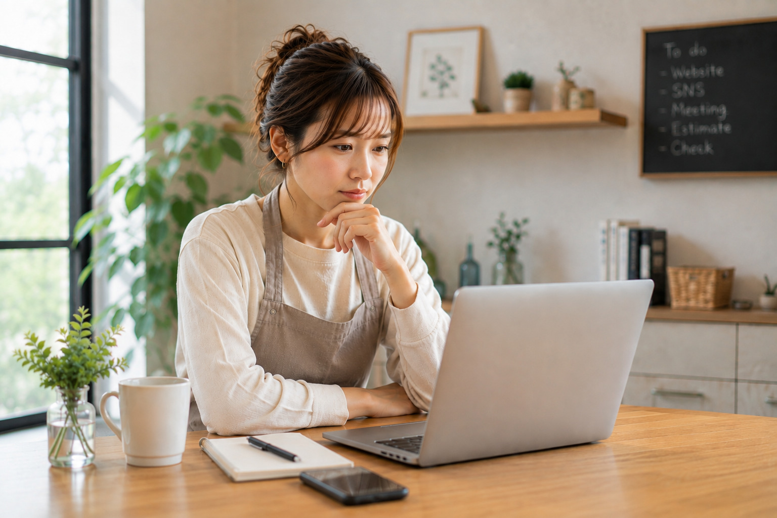 PCの前で悩んでいる女性
